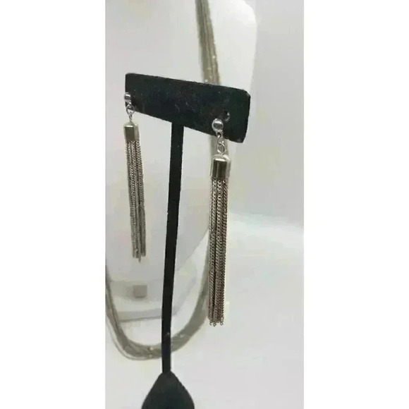 Vintage Multi Chain Tassel Fancy Silver Necklace Earrings Set Long 1970s Dangle - Picture 3 of 10